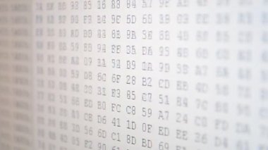 Şifre şeklinde bir bilgi. Bir kod için programın çalışması. Ekranda onaltılık program kodu. Hareket eden ikili kod numaralarının canlandırılmış arkaplanı.