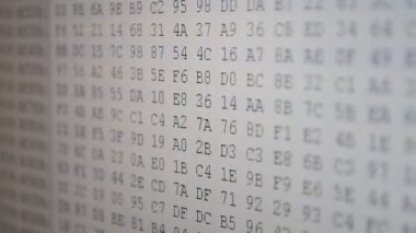 Bir kod için programın çalışması. Program kodu. Ekranda onaltılık program kodu. Hareket eden ikili kod numaralarının canlandırılmış arkaplanı.