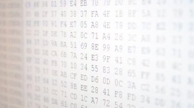 Hızlı bir kod hareketi. İkili kod ateşleme. Ekranda onaltılık program kodu. Hareket eden ikili kod numaralarının canlandırılmış arkaplanı.