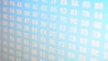 Ekrandaki bir kodun hareketi. Programın çalışması. Ekranda onaltılık program kodu. Hareket eden ikili kod numaralarının canlandırılmış arkaplanı.