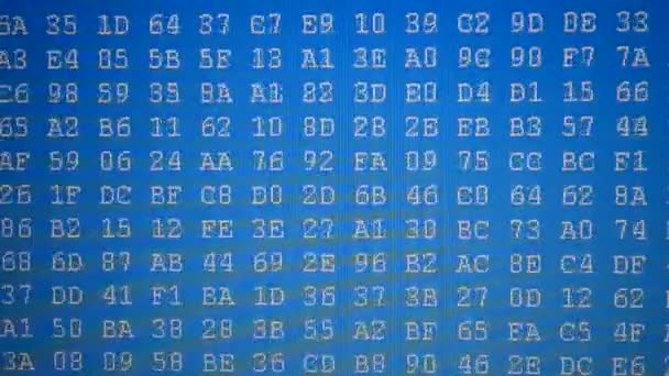 青い背景のコード バイナリコードの撮影 画面上の16進プログラムコード バイナリコード番号を移動するアニメーション背景 — ストック動画