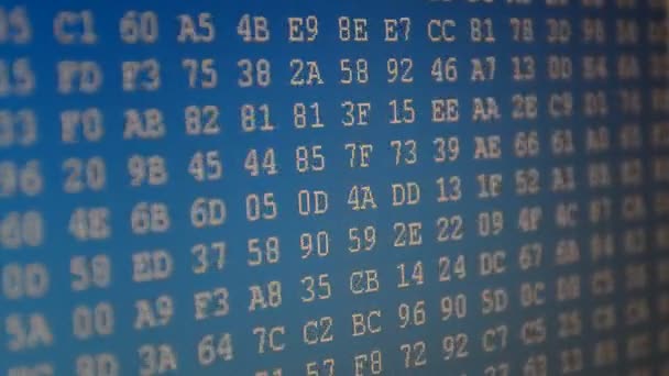 バイナリコード 青い背景のコード バイナリ 画面上の16進プログラムコード バイナリコード番号を移動するアニメーション背景 — ストック動画