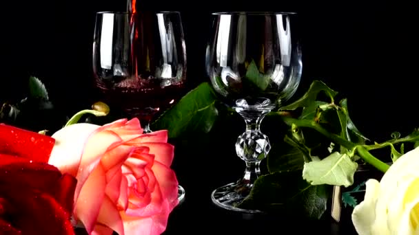 Wine Glasses Rose Background Bright Garlands — Stock Video