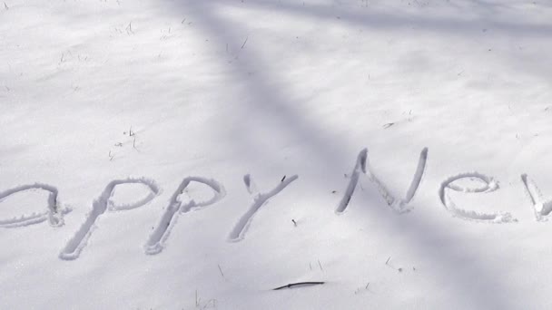 Inschrift Des Frohen Neuen Jahres Auf Schnee Dreharbeiten Winter — Stockvideo