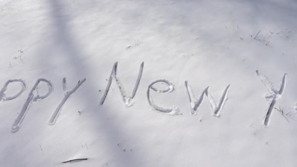 Επιγραφή Ευτυχισμένου Νέου Έτους Στο Χιόνι Σκοποβολή Χειμώνα — Αρχείο Βίντεο