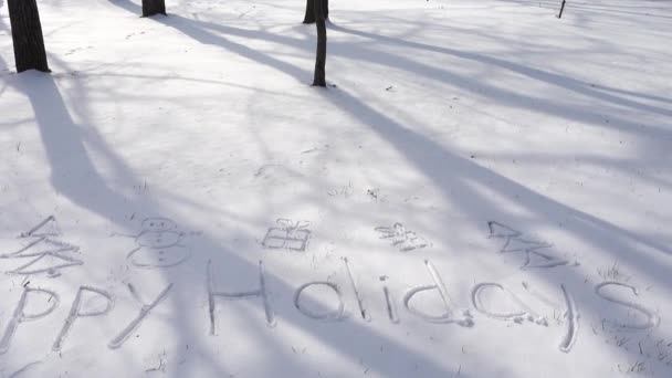 Inscripción Felices Fiestas Nieve Disparos Invierno — Vídeos de Stock