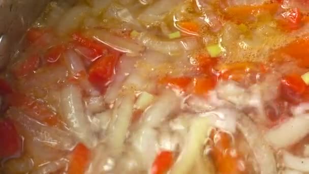 Овочевий Суп Готує Сковороді — стокове відео