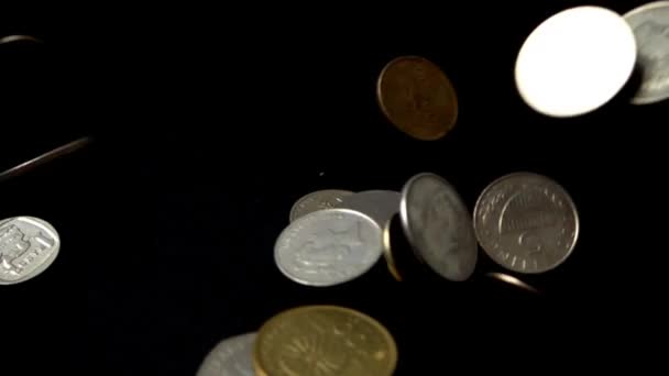 Coins Fall Black Background Slow Motion — Stock Video