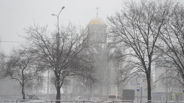 Sneeuwstorm Winter Stad — Stockvideo