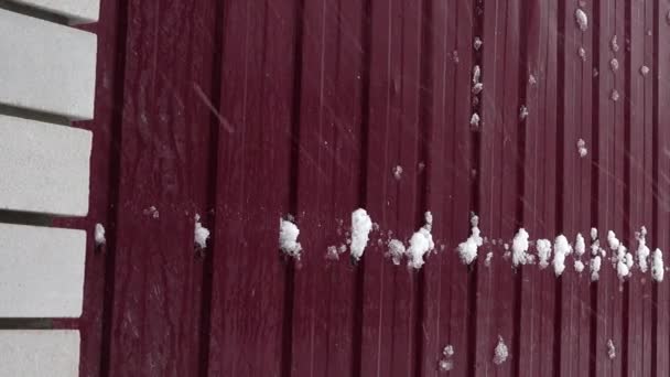 雪覆在栅栏的后面 城市里的雪 冬季枪击案 — 图库视频影像