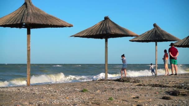 Família Praia Contempla Uma Onda Mar Movimento Lento — Vídeo de Stock