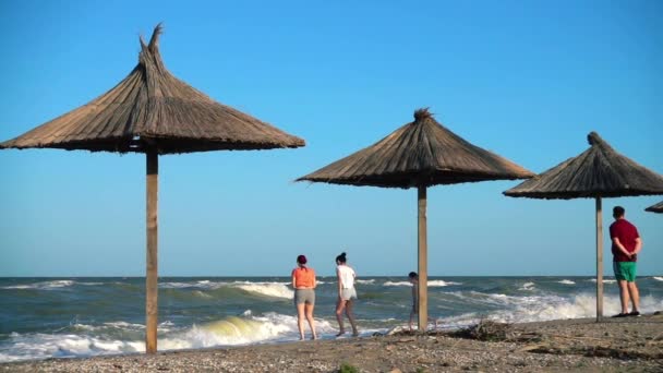 Rodzina Plaży Widzi Falę Morską Zwolniony Ruch — Wideo stockowe