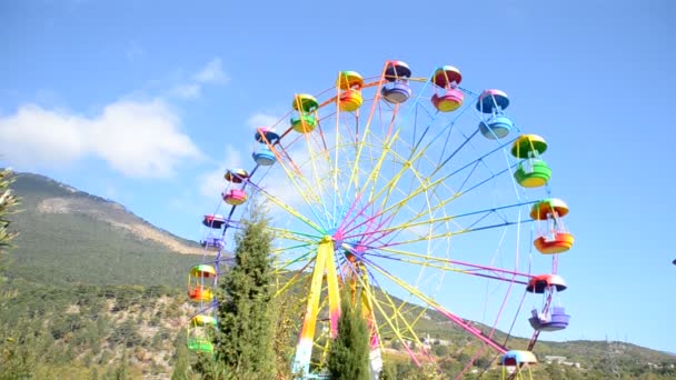 Велике Колесо Різнокольоровими Кабінами Парку Розваг — стокове відео