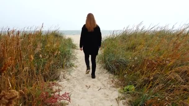少女は歩道のビーチを海に行く 秋の銃撃戦 — ストック動画