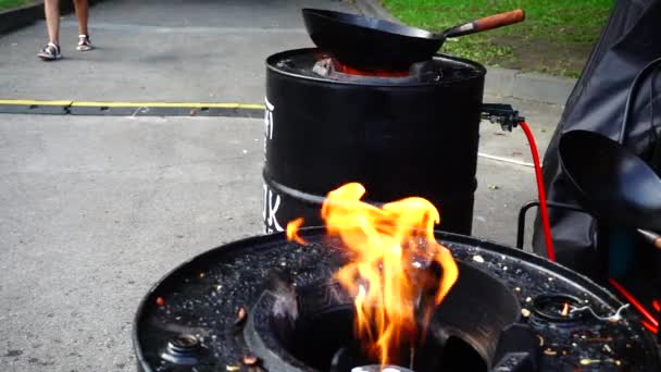 Asian Cuisine Cooking Wok Pan Slow Motion — Stock Video