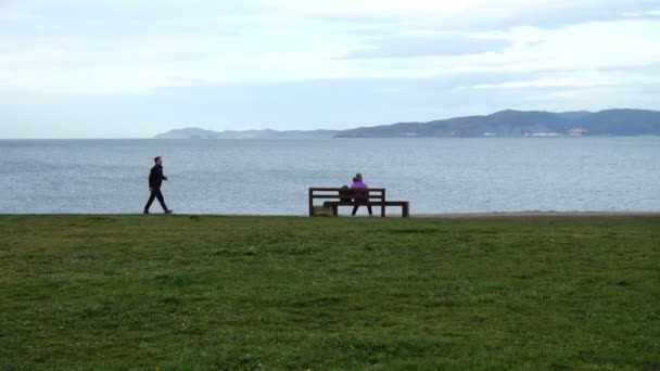 Coruna Spanyolország Április 2018 Ismeretlen Turisták Sétálnak Parkban Hátterében Atlanti — Stock videók