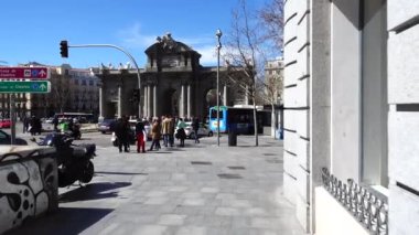 MADRID, SPAIN - APRIL 3, 2018: The Puerta de Alcala. Alcala Gate is a Neo-classical monument in the Plaza de la Independencia.