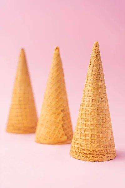 Three Upside Wheat Flour Ice Cream Cones Diagonally Bottom Pink — Stock Photo, Image