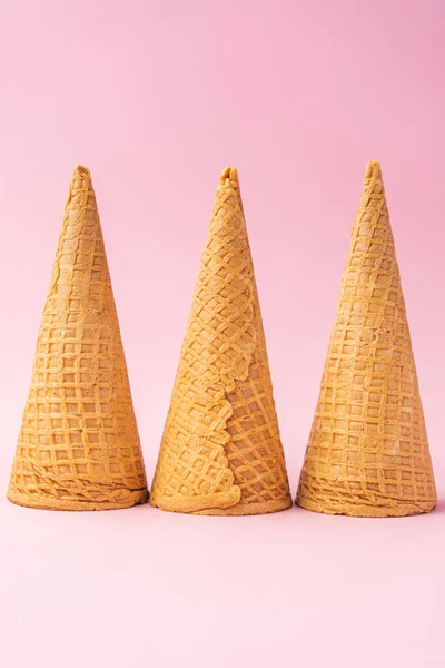 Three Upside Wheat Flour Ice Cream Cones Lined Bottom Pink — Stock Photo, Image