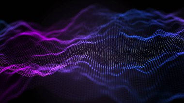 Karanlık arka planda gelecekteki noktalar. Renkli müzik dalgası. Büyük veri dijital kodu. Teknoloji mi yoksa Bilim Sancağı mı? 3B görüntüleme