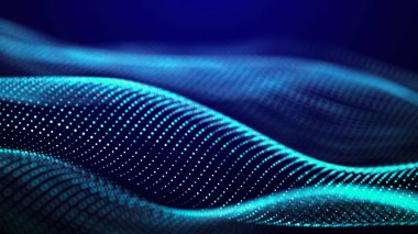 Dijital teknoloji geçmişi. Parlayan noktaların dinamik dalgası. Sunum tasarımı için fütüristik arka plan. 3d oluşturma.