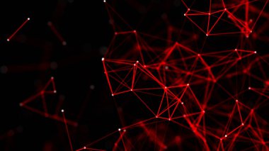 Noktaları ve çizgileri birleştiren kırmızı soyut çokgen uzay. Karanlık arka plan. Bağlantı yapısı. 3d