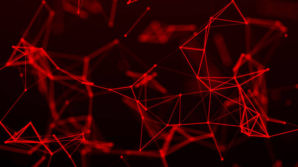 Red abstract polygonal space with connecting dots and lines. Dark background. Connection structure. 3d