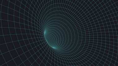 Tel çerçeve 3D tünel. Perspektif ızgara arka plan dokusu. Solucan deliği modeli. Vektör İllüstrasyonu.