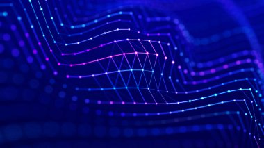 Arka planda ışıklar. Renkli müzik dalgası. Büyük veri dijital kodu. Fütürist noktalar 3 boyutlu resimleme
