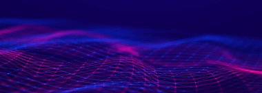 Karanlık arka planda gelecek dalgası. Bağlantı noktaları ve çizgilerinin renkli deseni. Büyük veri dijital kodu. Teknoloji mi yoksa Bilim Sancağı mı? 3B görüntüleme