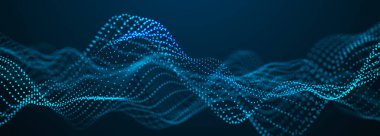 Dijital teknoloji geçmişi. Parlayan noktaların dinamik dalgası. Sunum tasarımı için fütüristik arka plan. 3D görüntüleme. Geniş Ekran