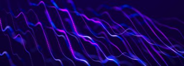 Parçacıkların soyut dijital dalgaları. Ses dalgası elemanı. Müzik için dengeleyici. Büyük veri görselleştirmesi. Geleceksel arkaplan 3d illüstrasyon