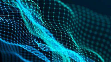 Soyut fütüristik dalga arka planı. Ağ bağlantısı noktaları ve çizgileri. Dijital arka plan. 3d oluşturma.