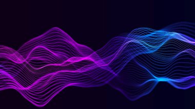 Karanlık arka planda gelecekteki noktalar. Renkli müzik dalgası. Büyük veri dijital kodu. Teknoloji mi yoksa Bilim Sancağı mı? 3B görüntüleme