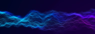 Karanlık arka planda gelecek dalgası. Bağlantı noktaları ve çizgilerinin renkli deseni. Büyük veri dijital kodu. Teknoloji mi yoksa Bilim Sancağı mı? 3B görüntüleme