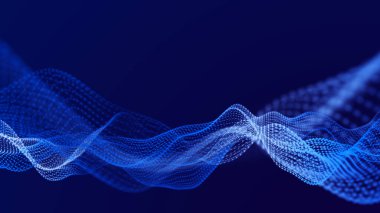Karanlık arka planda gelecek dalgası. Bağlantı noktaları ve çizgilerinin renkli deseni. Büyük veri dijital kodu. Teknoloji mi yoksa Bilim Sancağı mı? 3B görüntüleme