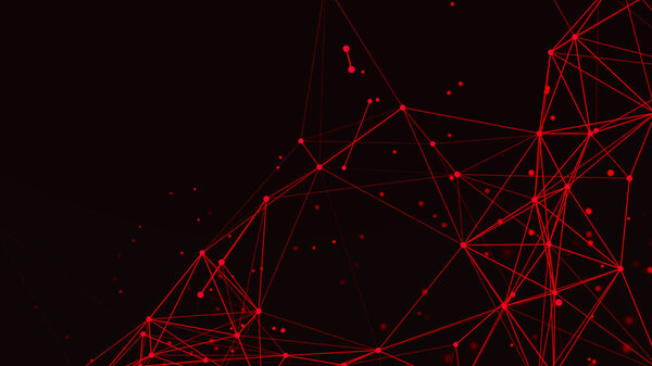 Red abstract polygonal space with connecting dots and lines. Dark background. Connection structure. 3d rendering