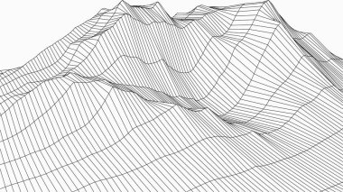 Soyut dijital manzara. Kablo çerçeveli peyzaj. 3d fütüristik vektör çizimi.