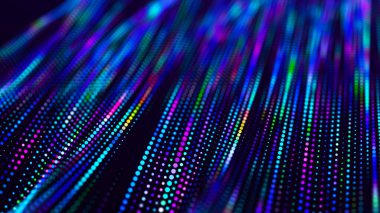 Dijital teknoloji geçmişi. Büyük veri dijital kodu. Fütürist noktalar arka planı. Renkli müzik dalgası. 3B görüntüleme