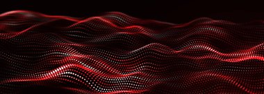 Karanlık arka planda gelecek dalgası. Renkli bağlantı noktaları deseni. Büyük veri dijital kodu. Teknoloji mi yoksa Bilim Sancağı mı? 3B görüntüleme