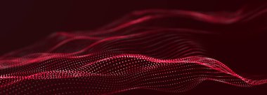 Karanlık arka planda gelecek dalgası. Renkli bağlantı noktaları deseni. Büyük veri dijital kodu. Teknoloji mi yoksa Bilim Sancağı mı? 3B görüntüleme