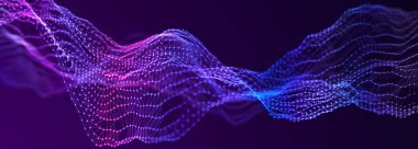 Karanlık arka planda gelecek dalgası. Bağlantı noktaları ve çizgilerinin renkli deseni. Büyük veri dijital kodu. Teknoloji mi yoksa Bilim Sancağı mı? Geniş Ekran 3B görüntüleme