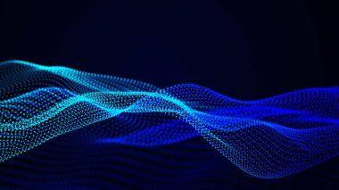 Karanlık arka planda gelecek dalgası. Bağlantı noktaları ve çizgilerinin renkli deseni. Büyük veri dijital kodu. Teknoloji mi yoksa Bilim Sancağı mı? 3B görüntüleme