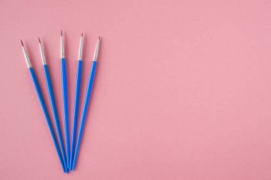 Düz yatıyordu, masanın üst görüntüsü. Pembe arka planda farklı sanatçı fırçaları. Boşluğu kopyala