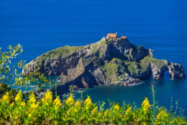 Doniene Gaztelugatxeko inzivası Gaztelugatxe adasının tepesinde ve önünde sarı çiçeklerle. Biscay, Bask Ülkesi, İspanya
