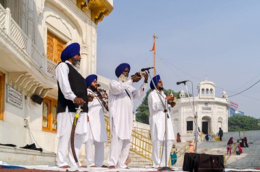 Amritsar, Hindistan - 21 Kasım 2011: Altın Tapınak kompleksindeki Sikh müzisyenler, Amritsar, Punjab, Hindistan.