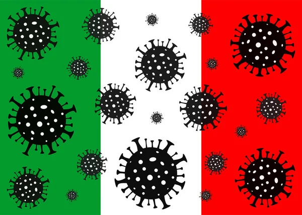 İtalya 'da Coronavirus. Coronavirus tehlikesi. Roman Coronavirus (2019-nCoV), soyut virüs türü modeli. İtalya bayrağının arka planında Coronavirus