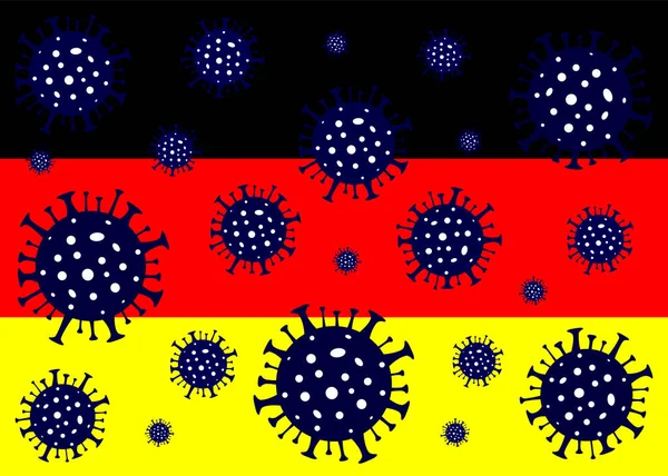 Almanya 'da Coronavirus. Coronavirus tehlikesi. Roman Coronavirus (2019-nCoV), soyut virüs türü modeli. Almanya bayrağının arka planında Coronavirus