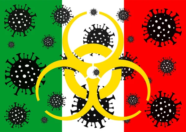İtalya 'da Coronavirus. Coronavirus tehlikesi. Roman Coronavirus (2019-nCoV), soyut virüs türü modeli. İtalya bayrağının arka planında Coronavirus