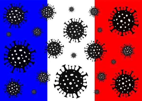 Fransa 'da Coronavirus. Coronavirus tehlikesi. Roman Coronavirus (2019-nCoV), soyut virüs türü modeli. Fransa bayrağının arka planında Coronavirus